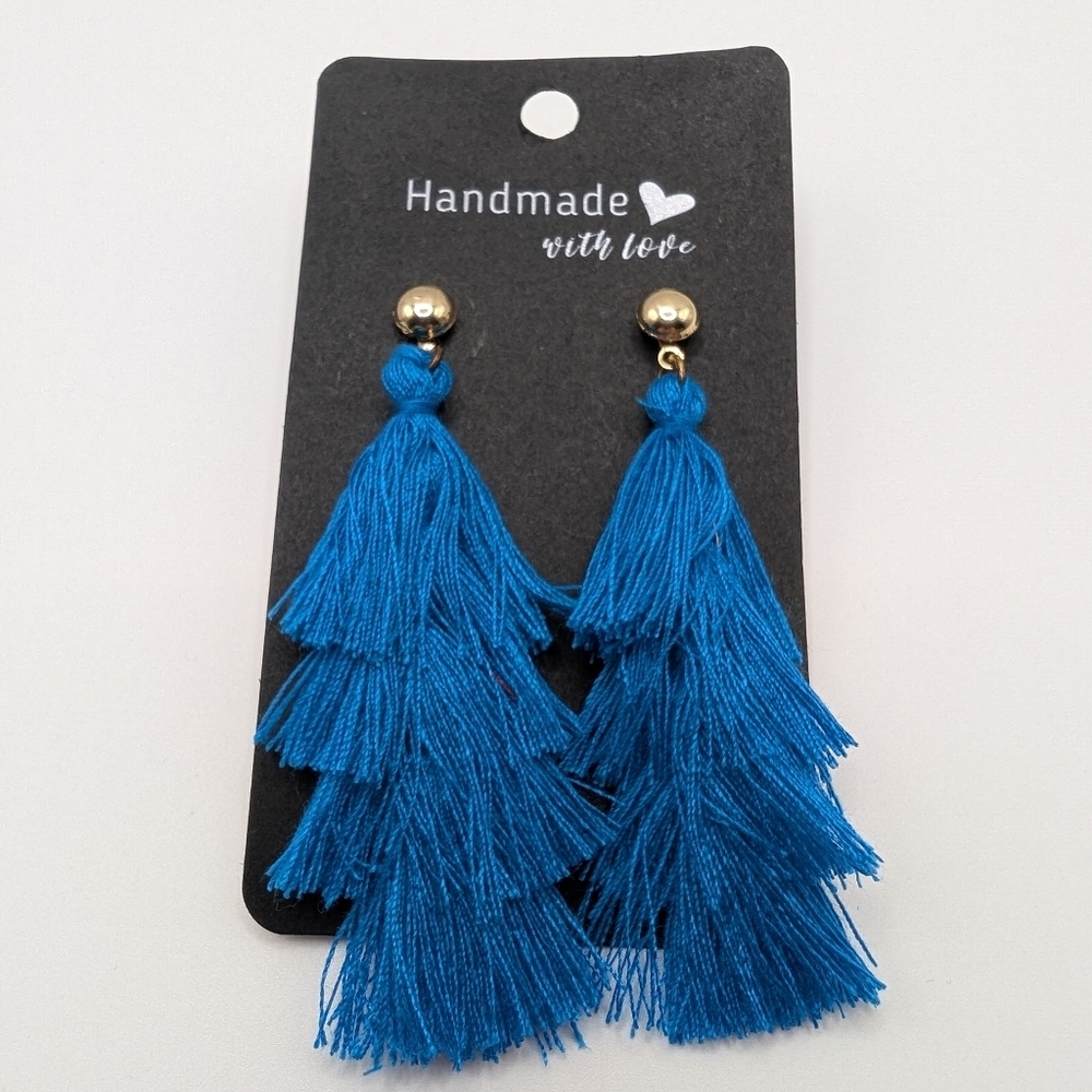 Handmade Blue Fringe Tassel Earrings Four-Tiered Design Gold Tone 2.5" NEW